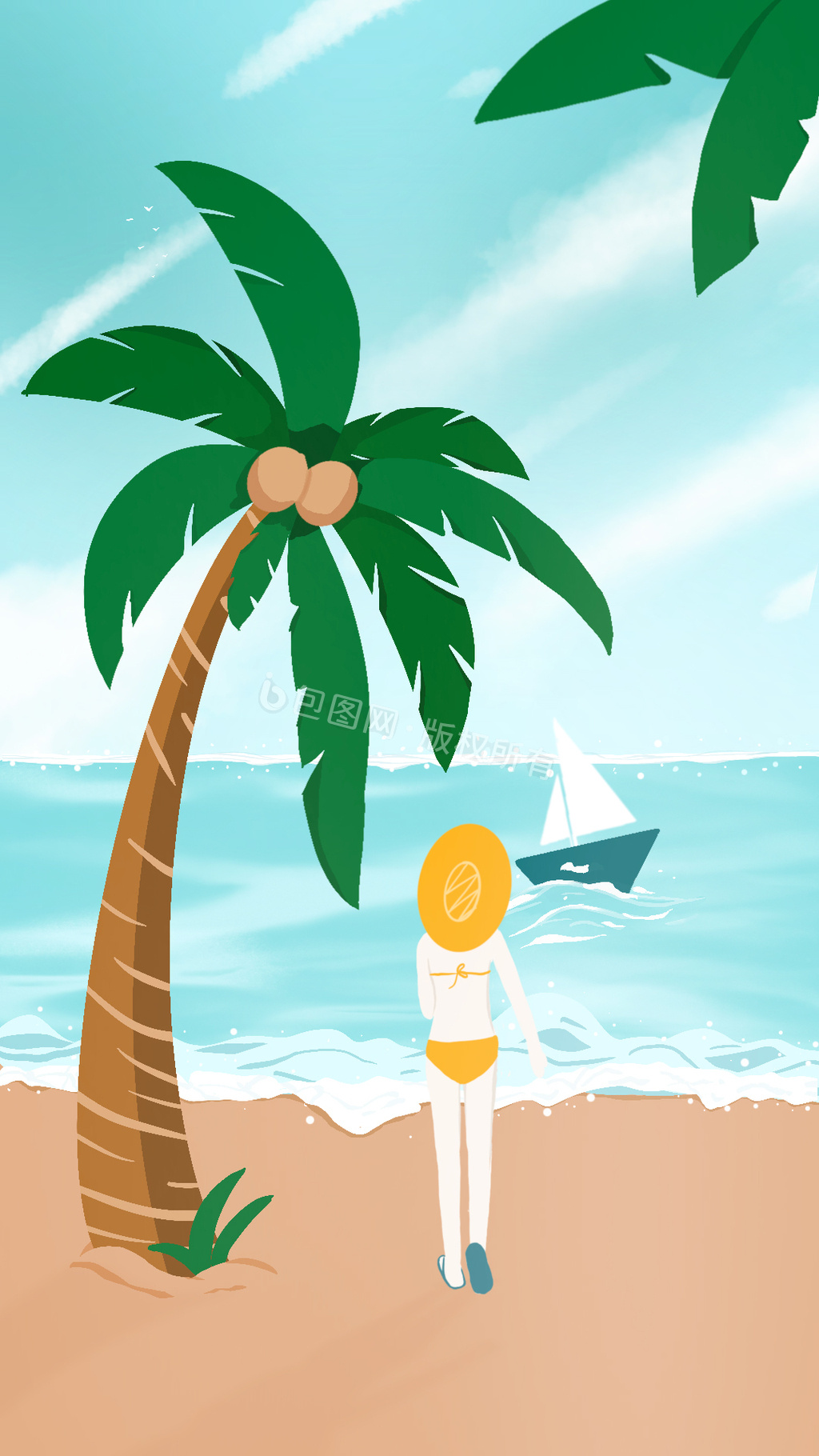 夏季海滩插画女孩船椰子树海浪动态gif
