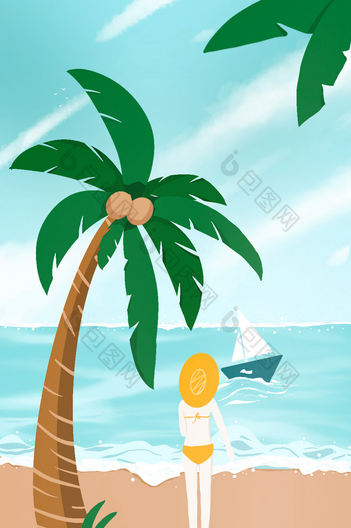 夏季海滩插画女孩船椰子树海浪动态GIF
