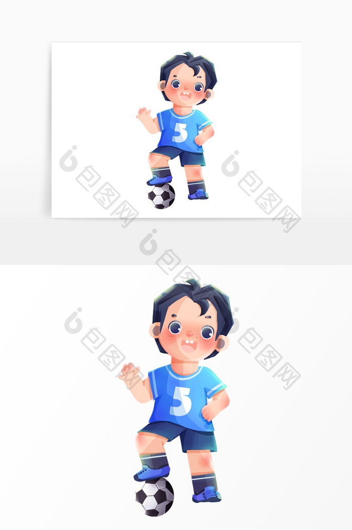蓝色白色卡通儿童踢足球素材设计元素
