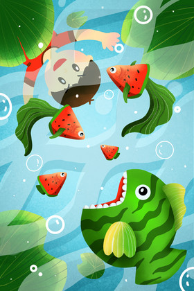 夏日凉爽西瓜鱼插画