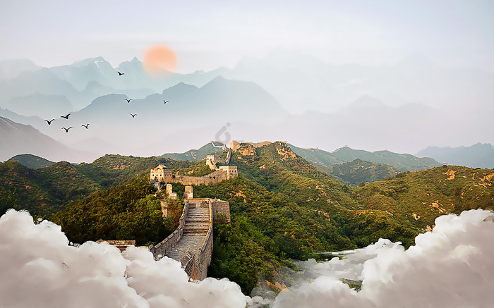 中国北京地标长城油画风格客厅背景墙