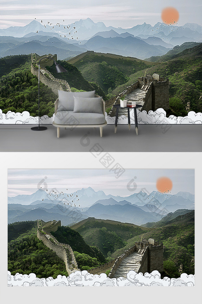 中国河北长城地标油画风格客厅背景墙图片图片