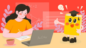 红色网课学习线上教育插画
