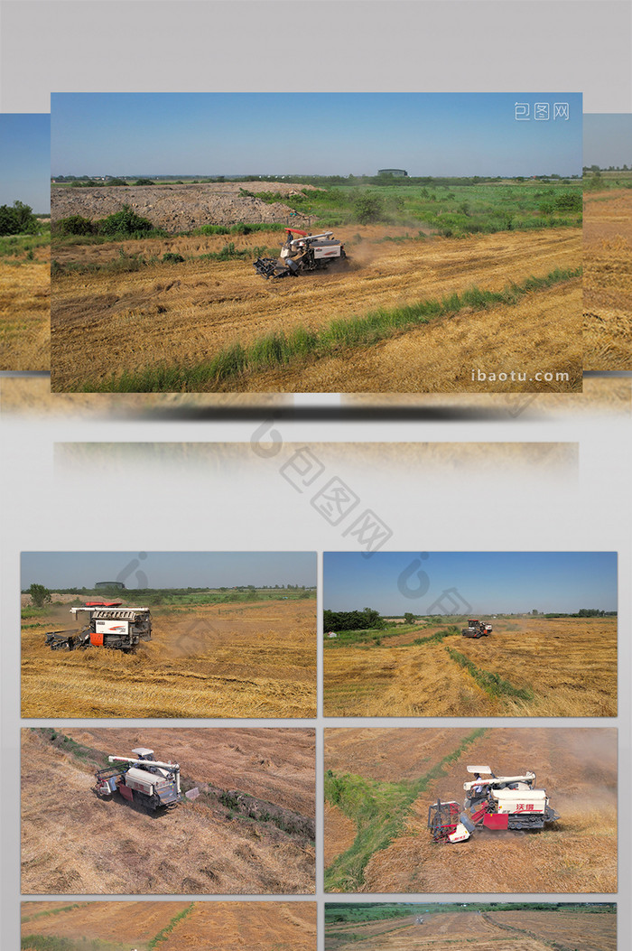 农业行业农民农田农忙收割机收麦子4K航拍