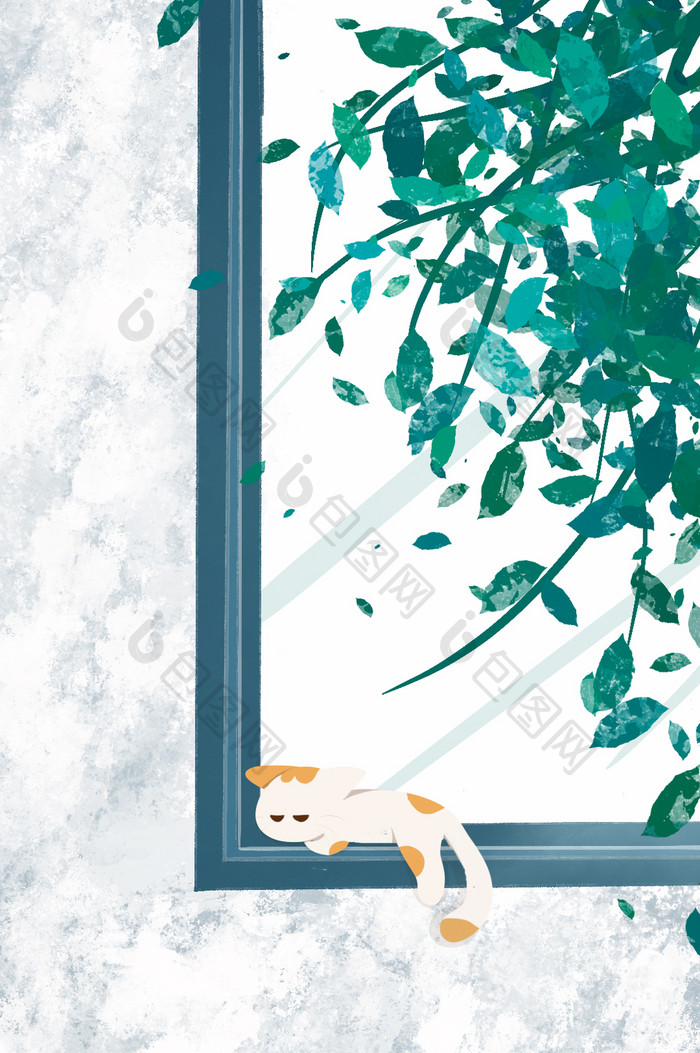 夏日小猫咪绿叶树木唯美小憩动态插画GIF