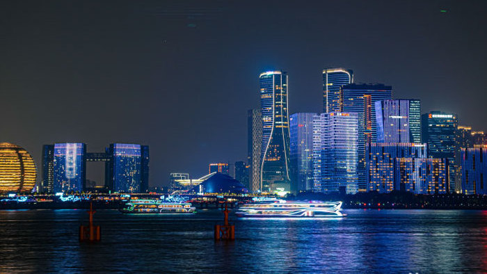 城市杭州繁华CBD钱塘江夜景8K延时