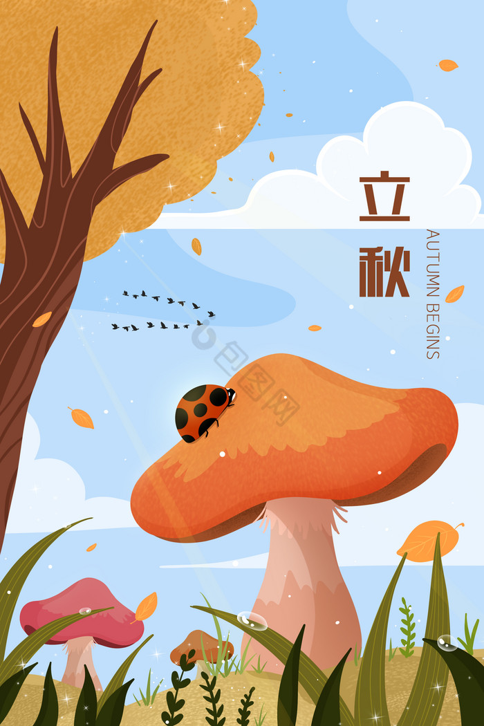立秋蘑菇风景插画图片