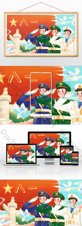 八一建军节海陆空军人敬礼插画