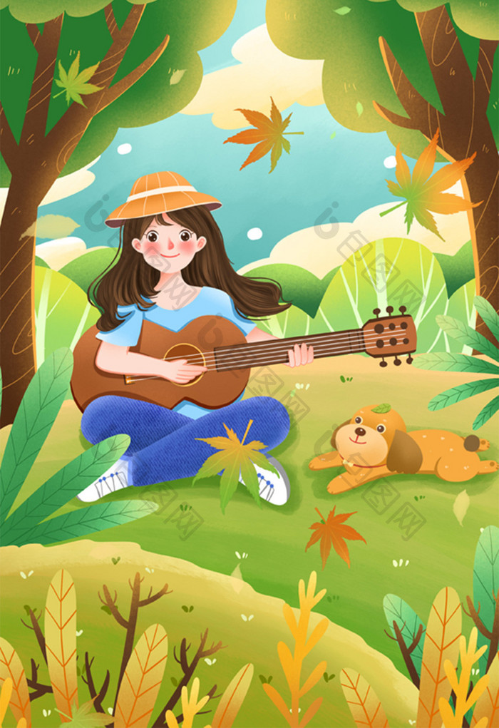 唯美清新立秋女孩在草地弹吉他插画