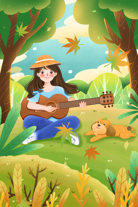 立秋女孩在草地弹吉他插画