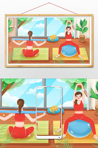 全民健康日练瑜伽的姐妹插画图片