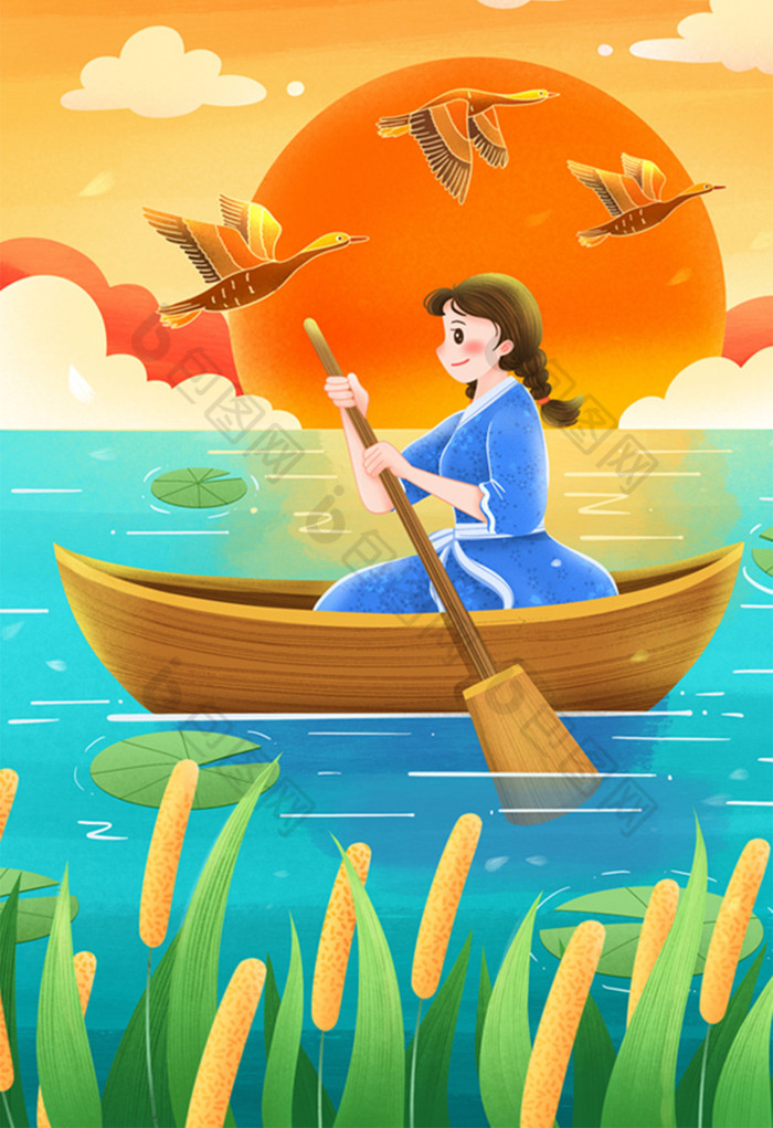 处暑秋分划船的女孩插画图片