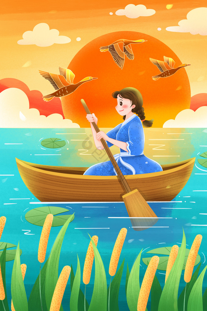 处暑秋分划船的女孩插画图片