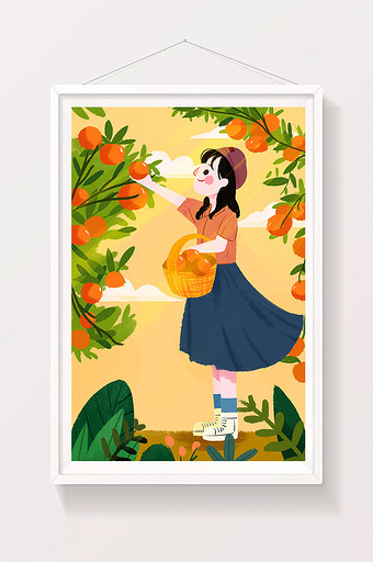 二十四节气立秋之小女孩在果园摘橘子图片