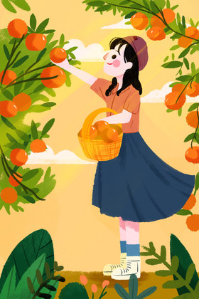 二十四节气立秋之小女孩在果园摘橘子