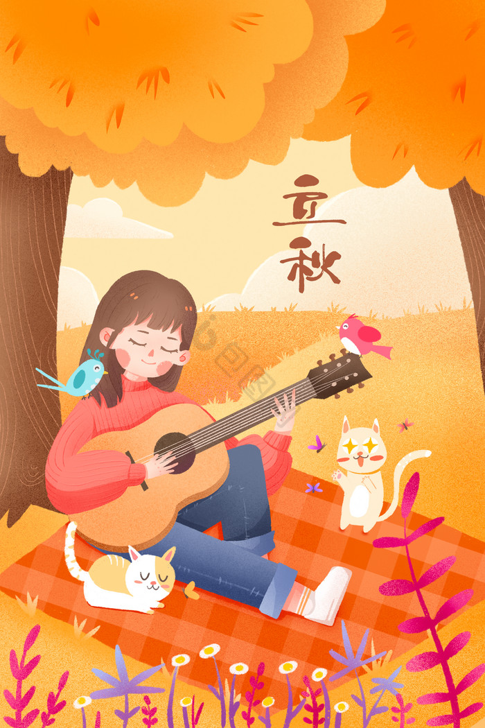 立秋节气女孩树下弹吉他插画图片