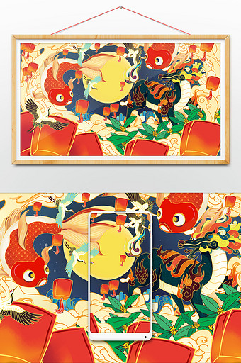 中国风国潮中秋节手绘古风插画图片