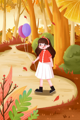 立秋树林里小女孩拿着气球散步暖插画图片