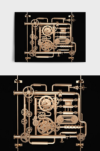 现代机械风铜色齿轮金属管道主题C4D元素图片
