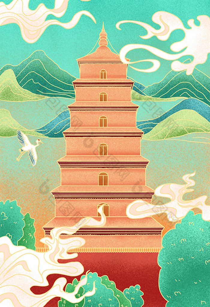 建筑西安大雁塔插画图片-包图网