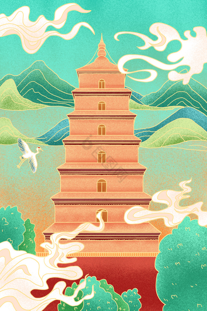 建筑西安大雁塔插画