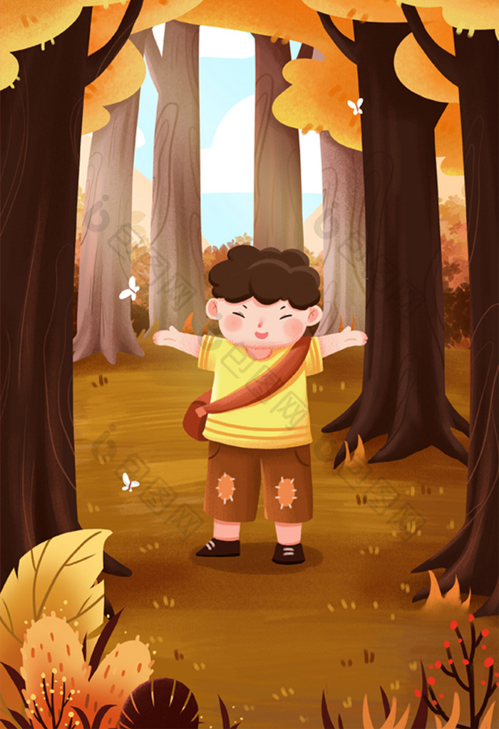 黄色秋季森林小男孩散步立秋节气插画