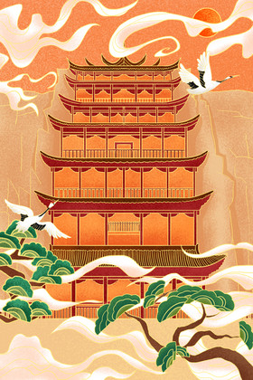 恢宏中国风建筑敦煌莫高窟插画图片