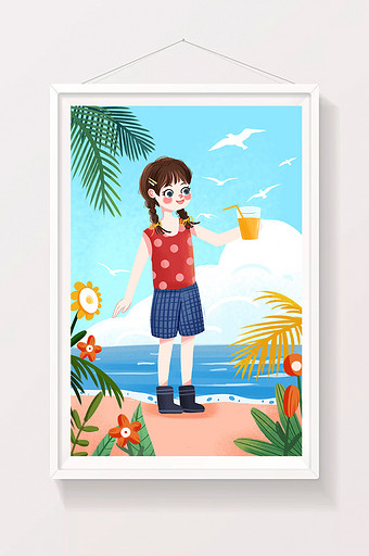原创小清新处暑之女孩在海边玩耍喝饮料插画图片