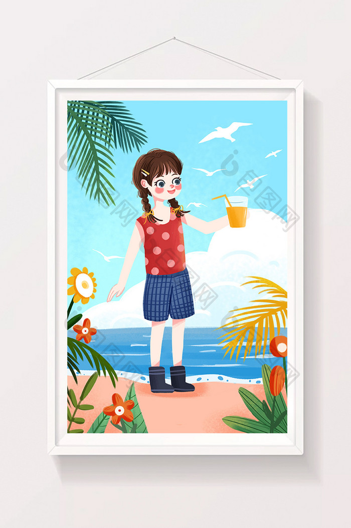 原创小清新处暑之女孩在海边玩耍喝饮料插画