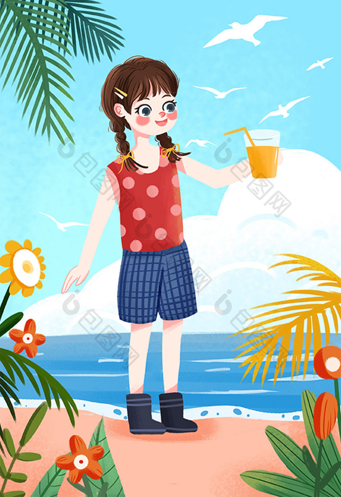 原创小清新处暑之女孩在海边玩耍喝饮料插画