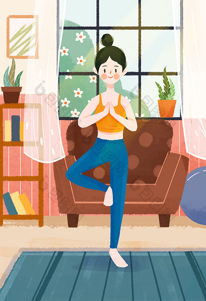 原创小清新全民健康日之女孩室内练瑜伽插画