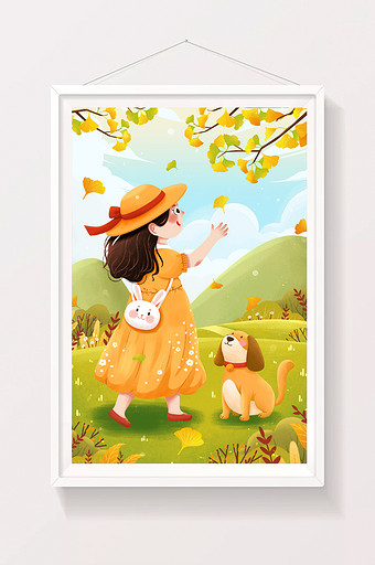 清新二十四节气立秋女孩与狗银杏树枝插画图片