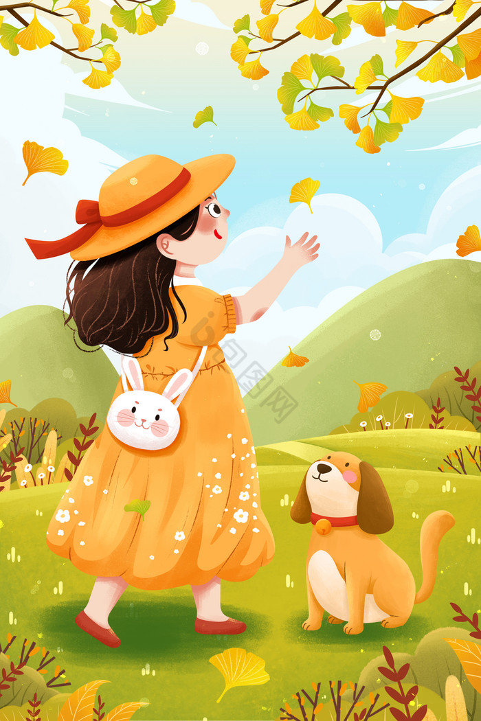 二十四节气立秋女孩与狗银杏树枝插画图片