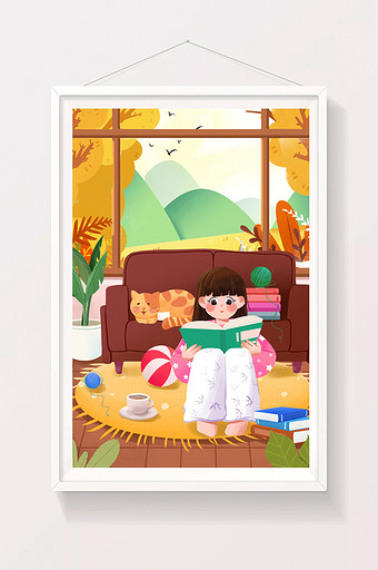 立秋节气居家悠闲看书喝茶宠物窗外插画图片