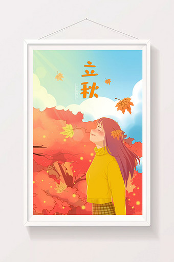 唯美立秋插画落叶上的女孩秋季插画图片