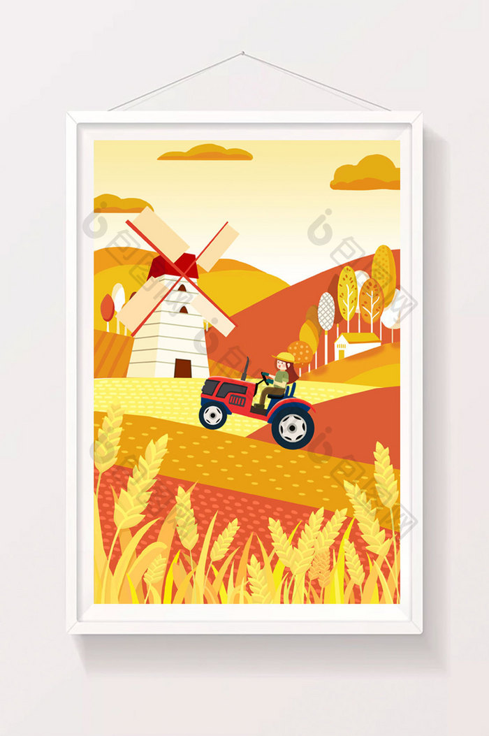 黄红色暖色清新开往田间的拖拉机立秋插画