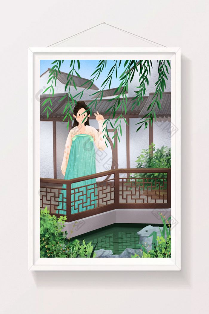 健康日户外庭院游玩垂柳植物中国古风插画