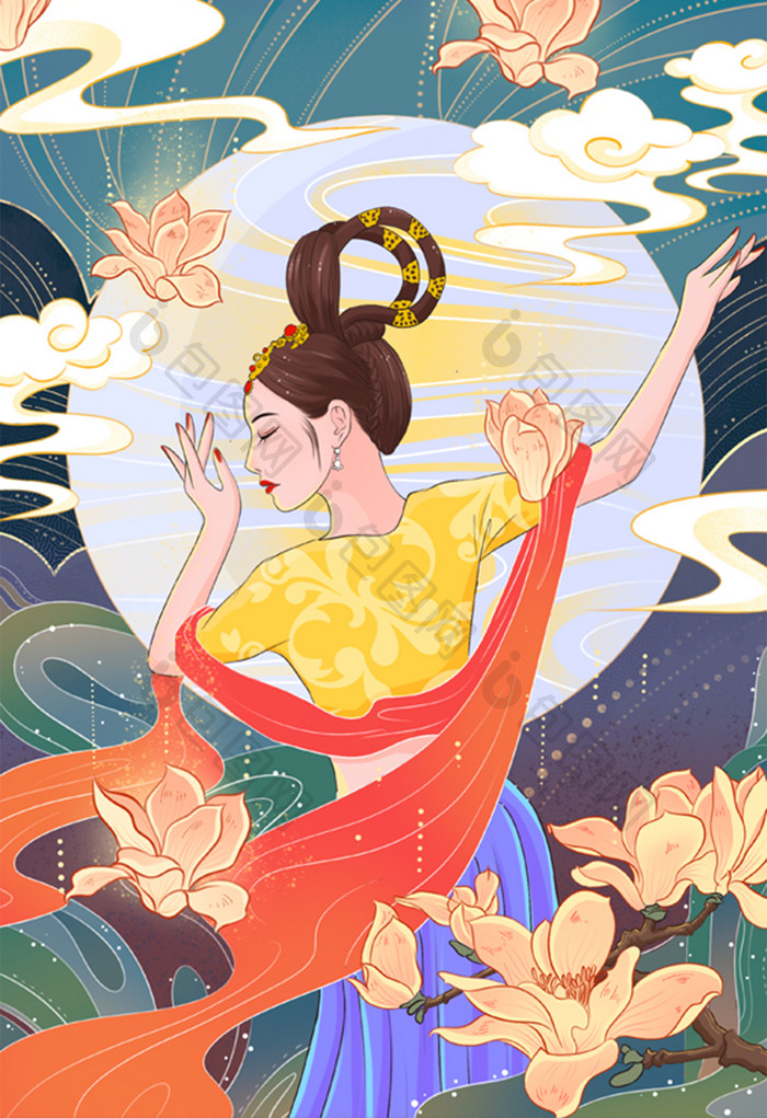 蓝色国潮国风美女花朵插画