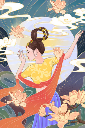 蓝色国潮国风美女花朵插画