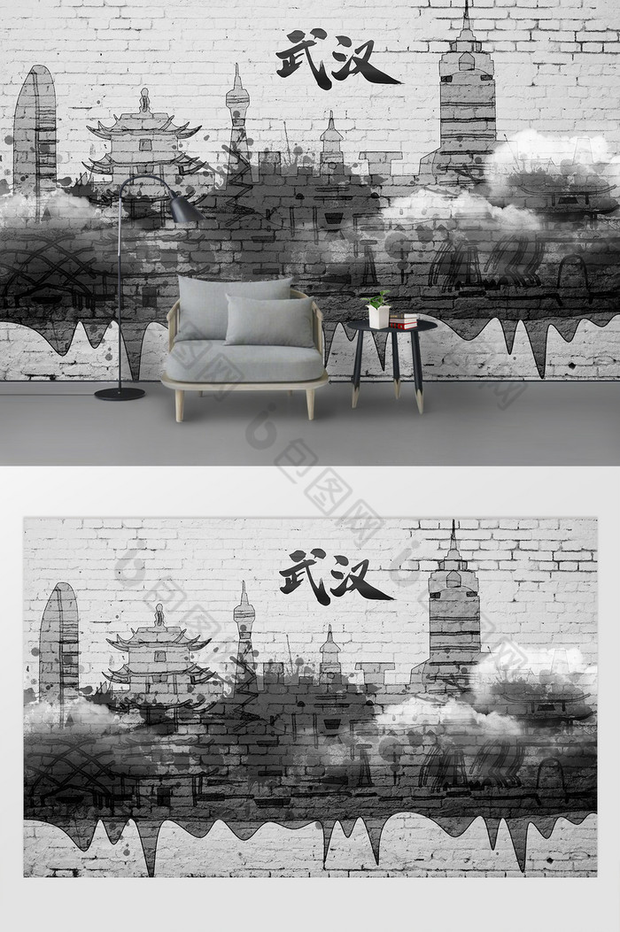 现代简约水墨武汉城市地标建筑背景墙图片图片