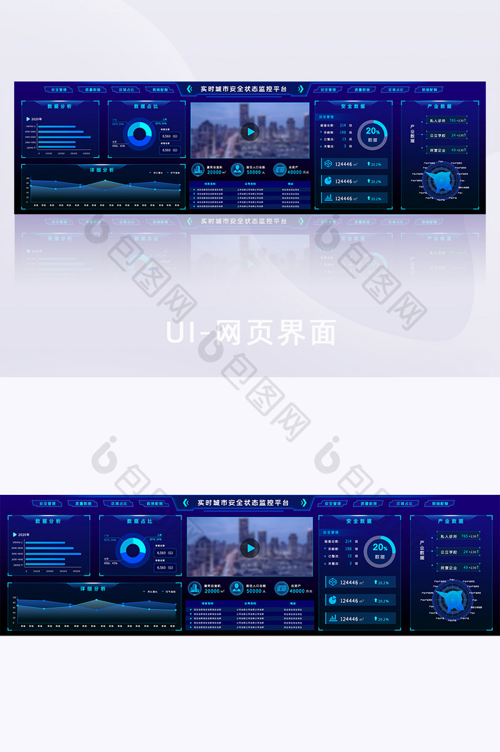 蓝色城市数据可视化界面网页超级大屏UI