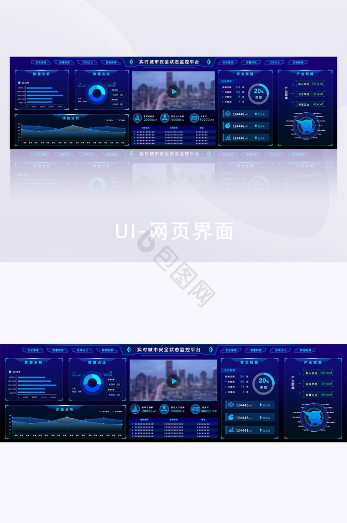 蓝色城市数据可视化界面网页超级大屏UI图片