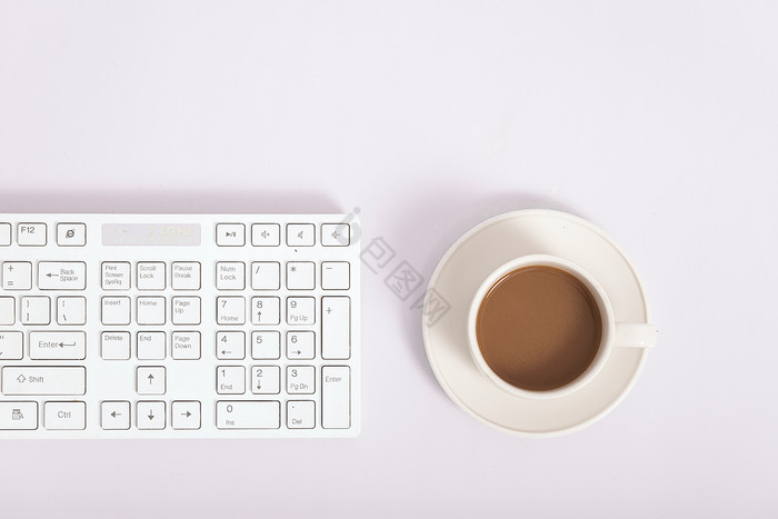商务办公桌面咖啡键盘素材图片