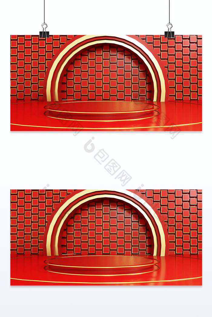 大红立体三维商贸红色电商装饰台背景墙背景