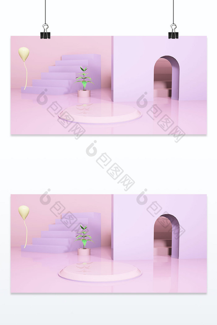 立体三维国潮清新粉色电商装饰台背景墙背景