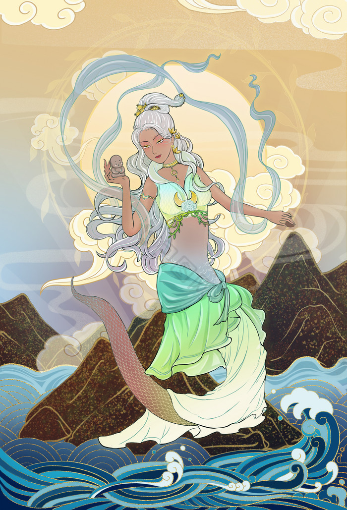 女娲造人上古神话泥土泥塑创世神插画