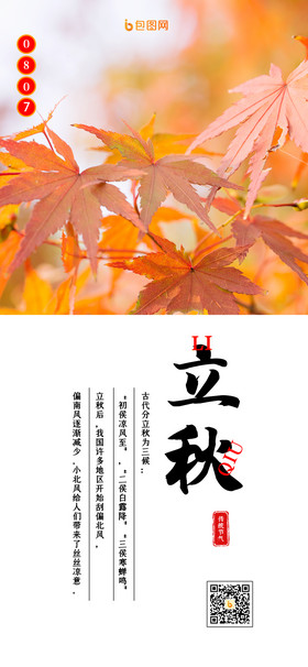 秋叶中国传统二十四节气立秋日签手机海报