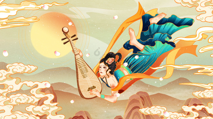 敦煌美女反弹琵琶山水插画