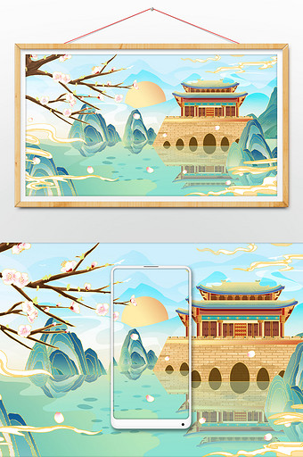 国潮中国风山水古风建筑背景插画图片