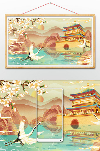 国潮中国风山水建筑古风宫殿仙鹤插画图片